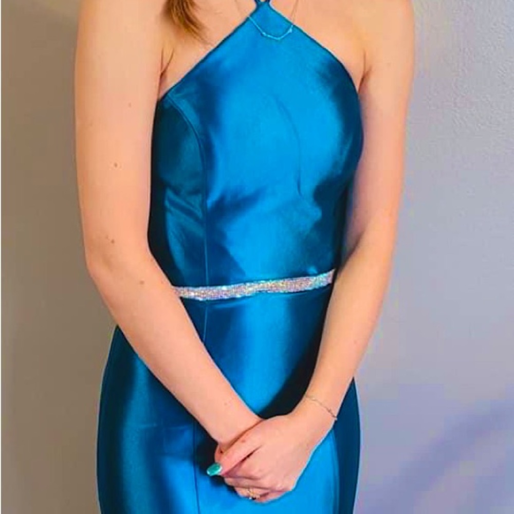 blue Madison James mermaid prom dress